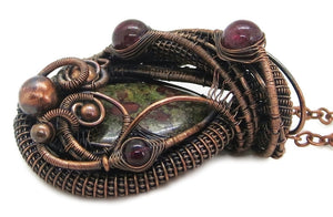 Dragon Blood Jasper Wire Wrapped Pendant in Bronze with Garnet