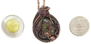 Dragon Blood Jasper Wire Wrapped Pendant in Bronze with Garnet