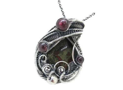 Dragon Blood Jasper Pendant with Garnet, Wire-Wrapped in Sterling Silver