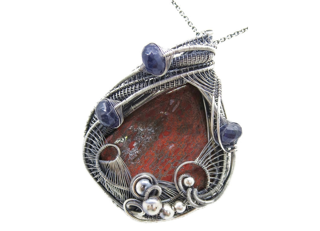 Dinosaur Bone Fossil & Iolite Wire-Wrapped Pendant Necklace in Sterling Silver