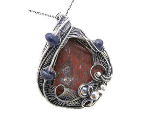 Dinosaur Bone Fossil & Iolite Wire-Wrapped Pendant Necklace in Sterling Silver