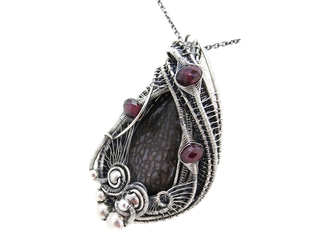 Agatized Dinosaur Bone and Rhodolite Garnet Wire-Wrapped Pendant in Sterling Silver