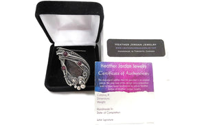 Agatized Dinosaur Bone and Rhodolite Garnet Wire-Wrapped Pendant in Sterling Silver