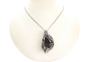 Agatized Dinosaur Bone and Rhodolite Garnet Wire-Wrapped Pendant in Sterling Silver