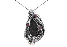 Load image into Gallery viewer, Agatized Dinosaur Bone and Rhodolite Garnet Wire-Wrapped Pendant in Sterling Silver