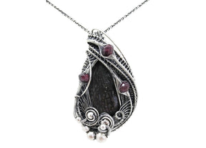Agatized Dinosaur Bone and Rhodolite Garnet Wire-Wrapped Pendant in Sterling Silver