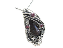 Load image into Gallery viewer, Agatized Dinosaur Bone and Rhodolite Garnet Wire-Wrapped Pendant in Sterling Silver