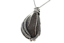 Load image into Gallery viewer, Agatized Dinosaur Bone and Rhodolite Garnet Wire-Wrapped Pendant in Sterling Silver