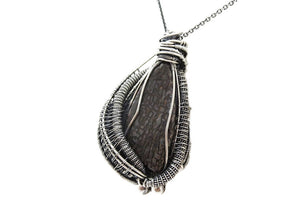 Agatized Dinosaur Bone and Rhodolite Garnet Wire-Wrapped Pendant in Sterling Silver