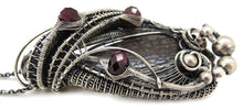 Load image into Gallery viewer, Agatized Dinosaur Bone and Rhodolite Garnet Wire-Wrapped Pendant in Sterling Silver