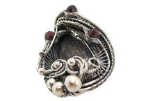 Load image into Gallery viewer, Agatized Dinosaur Bone and Rhodolite Garnet Wire-Wrapped Pendant in Sterling Silver