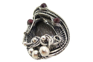 Agatized Dinosaur Bone and Rhodolite Garnet Wire-Wrapped Pendant in Sterling Silver