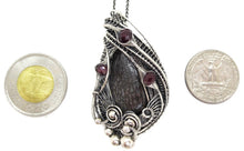 Load image into Gallery viewer, Agatized Dinosaur Bone and Rhodolite Garnet Wire-Wrapped Pendant in Sterling Silver
