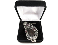 Load image into Gallery viewer, Agatized Dinosaur Bone and Rhodolite Garnet Wire-Wrapped Pendant in Sterling Silver
