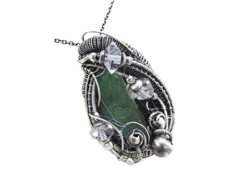 Raw Colombian Emerald Pendant with Herkimer Diamonds, Sterling Silver Wire Wrap