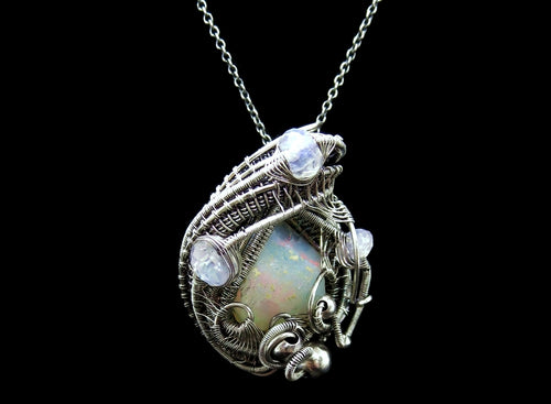 Rough Ethiopian Welo Opal Pendant, Wire-Wrapped in Sterling Silver with Rainbow Moonstone