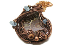 Load image into Gallery viewer, Ammonite Fossil Pendant with Aquamarine, Bronze Wire Wrap