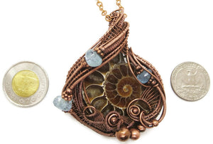 Ammonite Fossil Pendant with Aquamarine, Bronze Wire Wrap