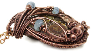 Ammonite Fossil Pendant with Aquamarine, Bronze Wire Wrap