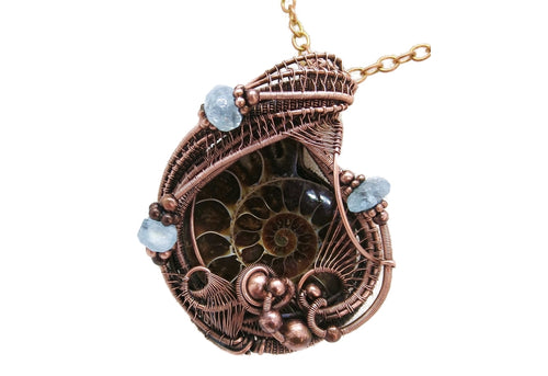 Ammonite Fossil Pendant with Aquamarine, Bronze Wire Wrap