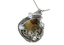 Load image into Gallery viewer, Ammonite Fossil Pendant with Aquamarine, Sterling Silver Wire Wrap