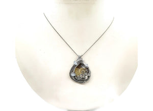 Ammonite Fossil Pendant with Aquamarine, Sterling Silver Wire Wrap