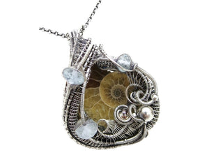 Ammonite Fossil Pendant with Aquamarine, Sterling Silver Wire Wrap