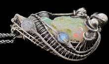 Load image into Gallery viewer, Raw Ethiopian Opal Pendant with Rainbow Moonstone, Gemstone Jewelry, Sterling Silver Wire Wrap