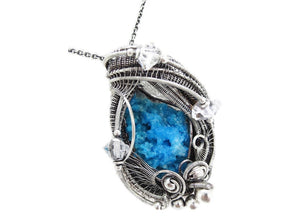Gibbsite Druzy Pendant, Wire-Wrapped in Sterling Silver with Herkimer Diamonds