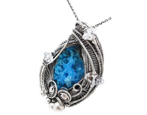 Gibbsite Druzy Pendant, Wire-Wrapped in Sterling Silver with Herkimer Diamonds