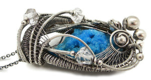 Gibbsite Druzy Pendant, Wire-Wrapped in Sterling Silver with Herkimer Diamonds