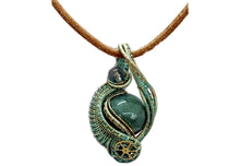 Load image into Gallery viewer, Verdigris Gemstone Steampunk Pendant: Brass Wire Wrap, Swirl Model