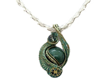 Load image into Gallery viewer, Verdigris Gemstone Steampunk Pendant: Brass Wire Wrap, Swirl Model