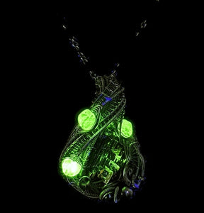 Bismuth Crystal Pendant with UV-Reactive Glass, Sterling Silver Wire Wrap
