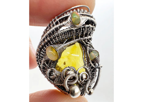 Natural Baltic Amber Pendant: Gnat Inclusion & Ethiopian Opals, Wire-Wrapped Sterling Silver Necklace