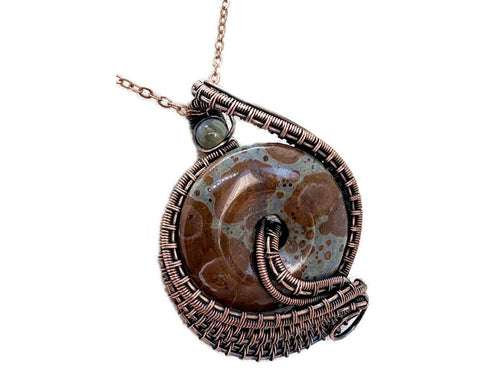 Handcrafted Orbicular Jasper Woven Donut Pendant with Labradorite Accent - Bronze Necklace