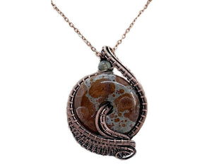 Handcrafted Orbicular Jasper Woven Donut Pendant with Labradorite Accent - Bronze Necklace