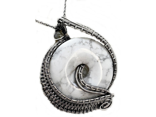 Howlite Woven Donut Pendant  with Labradorite and Moonstone- Sterling Silver Wire-Wrapped Necklace Jewelry