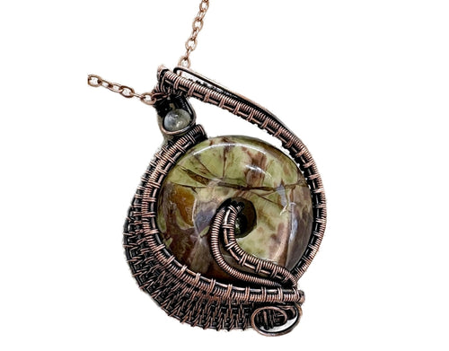 Handcrafted Sierra Jasper Woven Donut Pendant with Labradorite and Peridot Accents - Bronze Necklace
