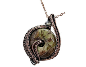Handcrafted Sierra Jasper Woven Donut Pendant with Labradorite and Peridot Accents - Bronze Necklace