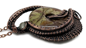 Handcrafted Sierra Jasper Woven Donut Pendant with Labradorite and Peridot Accents - Bronze Necklace