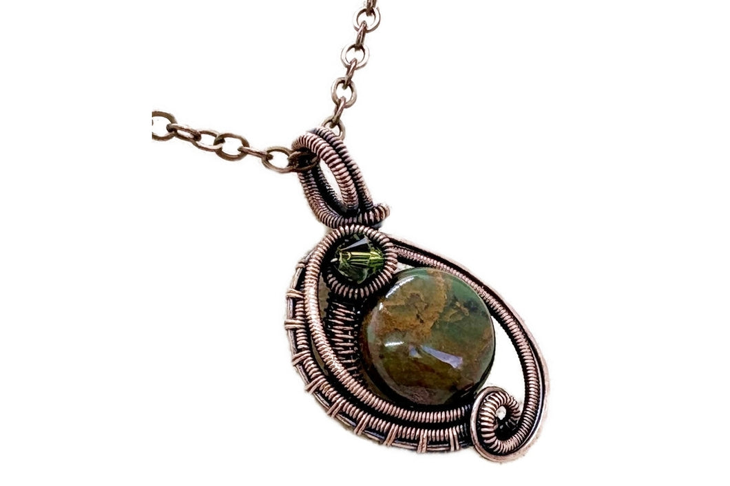 African Green Opal Wire-Wrapped Pendant: Bronze Woven Circle with Swarovski Crystal