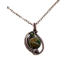 Load image into Gallery viewer, African Green Opal Wire-Wrapped Pendant: Bronze Woven Circle with Swarovski Crystal