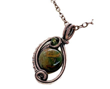 Load image into Gallery viewer, African Green Opal Wire-Wrapped Pendant: Bronze Woven Circle with Swarovski Crystal