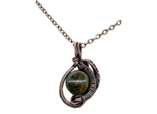 Load image into Gallery viewer, African Green Opal Wire-Wrapped Pendant: Bronze Woven Circle with Swarovski Crystal