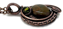 Load image into Gallery viewer, African Green Opal Wire-Wrapped Pendant: Bronze Woven Circle with Swarovski Crystal