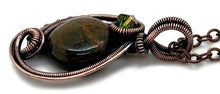 Load image into Gallery viewer, African Green Opal Wire-Wrapped Pendant: Bronze Woven Circle with Swarovski Crystal