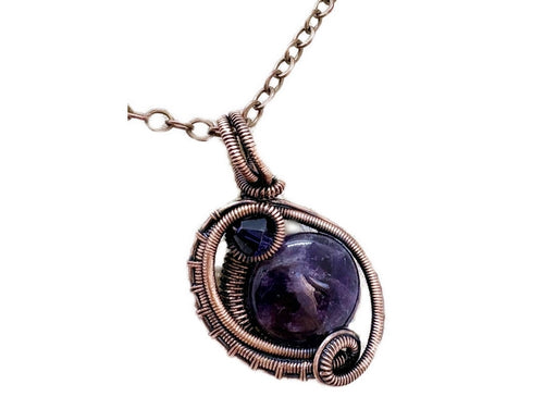 Amethyst Wire-Wrapped Bronze Pendant with Swarovski Crystal - Mini-Woven Circle Design