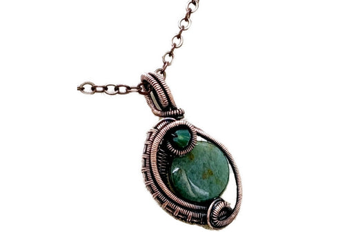 Green Jasper Wire-Wrapped Bronze Pendant with Swarovski Crystal - Mini-Woven Circle Design