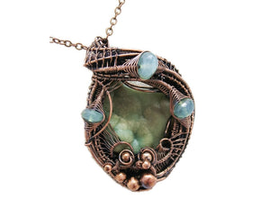 Rustic Hemimorphite Druzy Pendant: Wire-Wrapped with Green Chalcedony - Handcrafted Boho Statement Jewelry